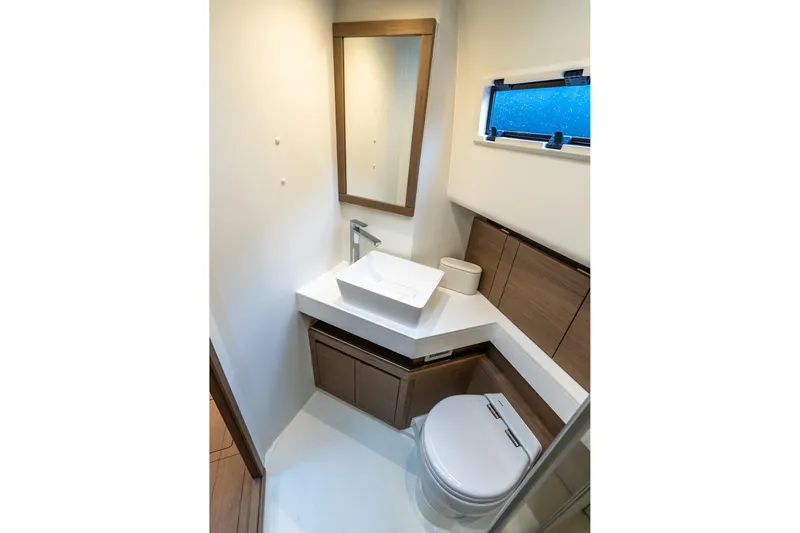 Slide: The Image of Modern bathroom interior on 2025 Pardo Yachts 43, featuring sleek design and compact fixtures. - 53