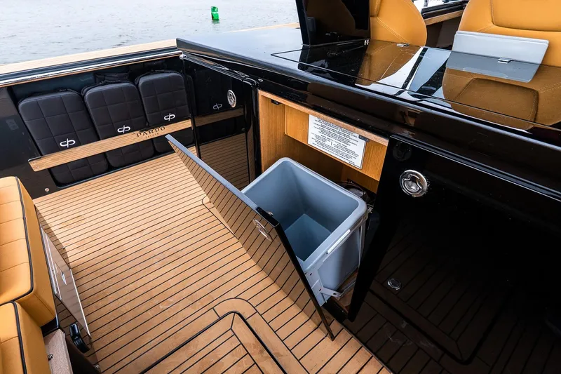 Slide: The Image of 2025 Pardo Yachts 43 interior with sleek wood flooring and modern storage features. - 21
