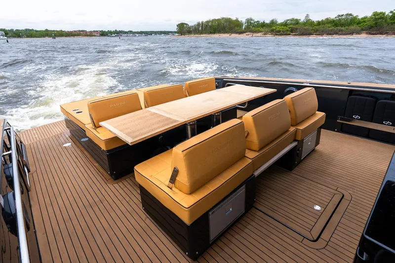 Slide: The Image of Luxury seating area on 2025 Pardo Yachts 43, cruising on open water. - 15