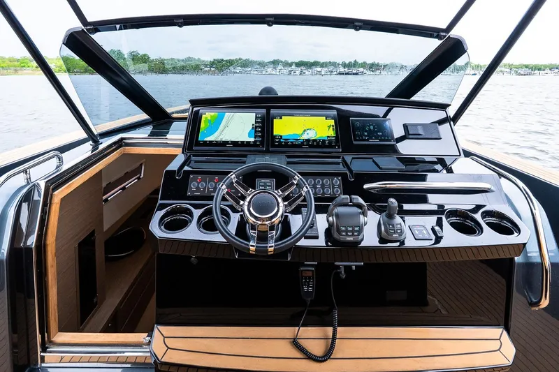 Slide: The Image of Cockpit of 2025 Pardo Yachts 43 with advanced navigation systems and controls. - 26