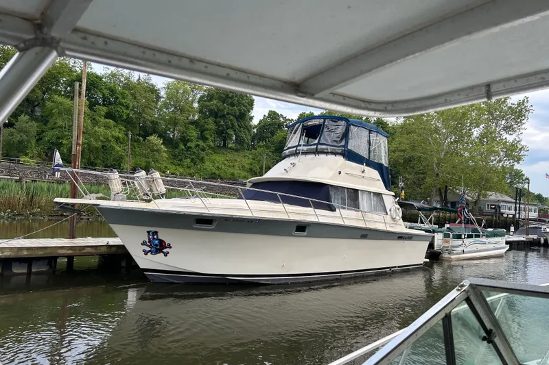 The Image of 1988 Silverton 37 Convertible yacht docked at a marina, surrounded by lush greenery. - 1