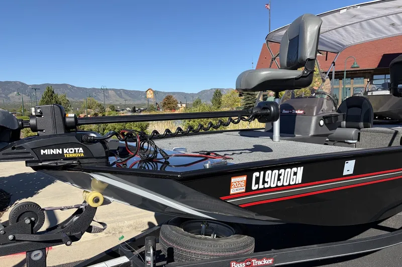 The Image of 2022 Bass Tracker Classic boat with Minn Kota Terrova motor, parked outdoors. - 0