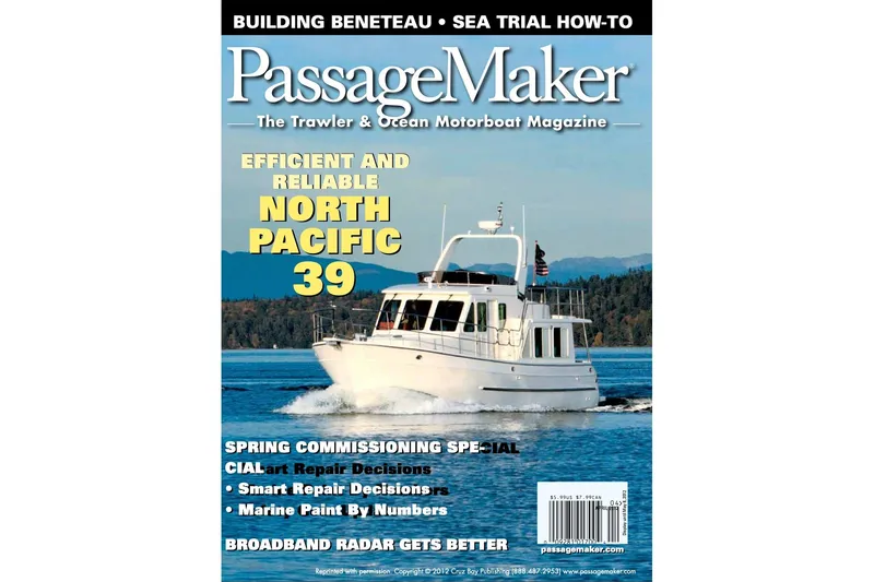 Slide: The Image of PassageMaker magazine cover featuring North Pacific 39 Pilothouse, 2010 model, cruising on serene waters. - 50