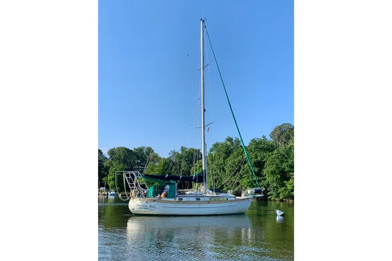 The Image of 1979 Tayana 37 sailboat anchored on calm water with lush green trees. - 1