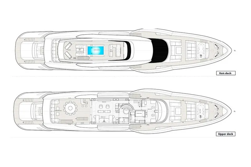 Slide: The Image of Deck plans of Rossinavi Vector 50m yacht, 2020 model, featuring sun and upper decks. - 44
