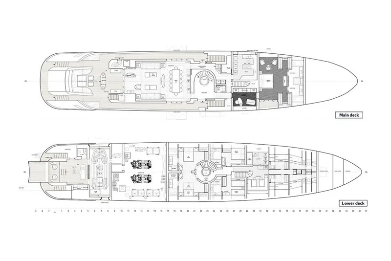 Slide: The Image of Blueprint of Rossinavi Vector 50m yacht, 2020 model, showcasing main and lower deck layouts. - 45
