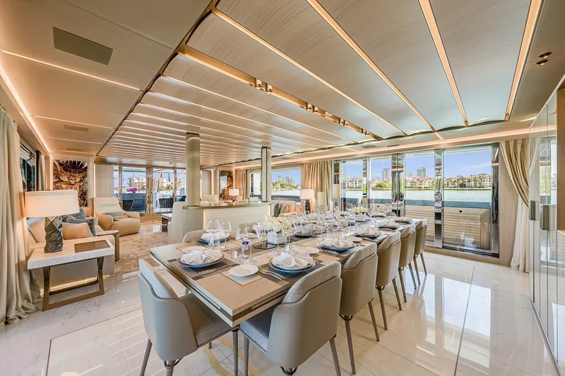 Slide: The Image of Luxurious interior of 2020 Rossinavi Vector 50m yacht with elegant dining area and scenic views. - 14