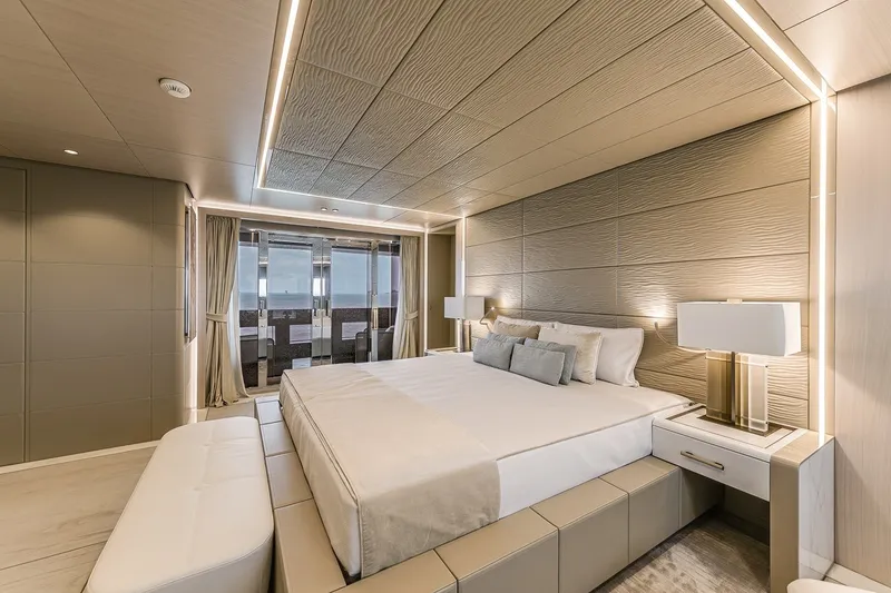 Slide: The Image of Luxurious bedroom interior on Rossinavi Vector 50m yacht, 2020 model, featuring modern design and ocean view. - 20