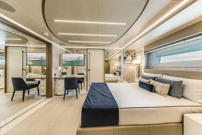 Slide: The Image of Luxurious bedroom interior of 2020 Rossinavi Vector 50m yacht, featuring elegant design and modern amenities. - 21