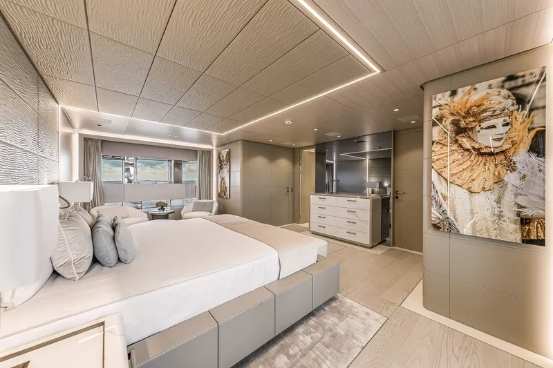 Slide: The Image of Luxurious bedroom interior on Rossinavi Vector 50m yacht, 2020 model, featuring elegant decor and modern design. - 19