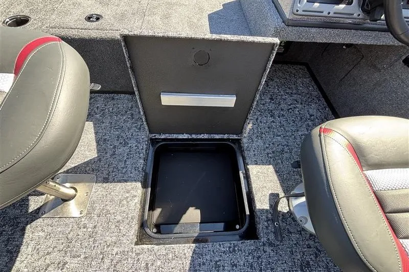 Slide: The Image of Interior of 2026 Ranger VS1882SC Angler boat showing storage compartment and seating. - 24