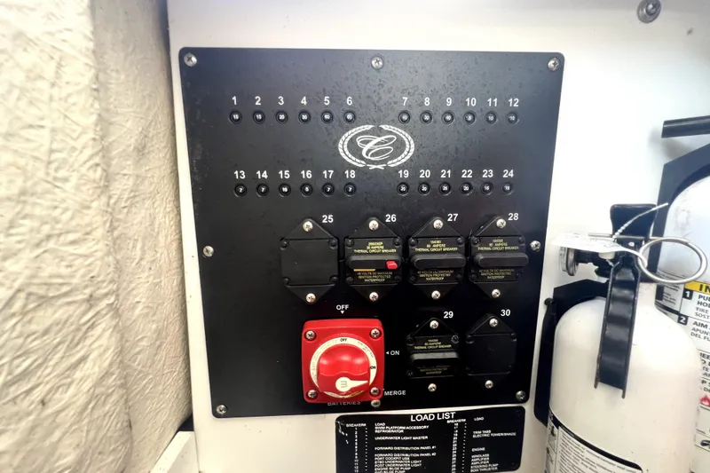 Slide: The Image of Control panel of a 2022 Cobalt R6 Outboard boat with circuit breakers and fire extinguisher. - 64