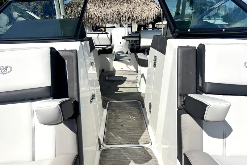 Slide: The Image of 2022 Cobalt R6 Outboard boat interior with cushioned seating and sleek design. - 43