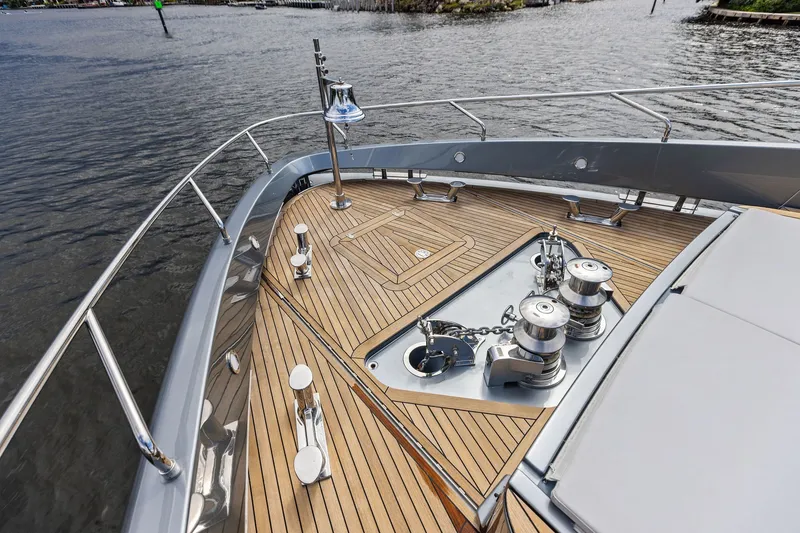 Slide: The Image of Bow view of 2022 Riva 110' Dolcevita yacht with teak deck and chrome fittings. - 11