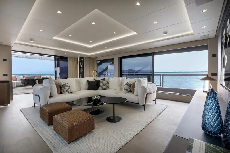 Slide: The Image of Luxurious interior of 2024 Mangusta GranSport 33 yacht with ocean view and modern furnishings. - 22