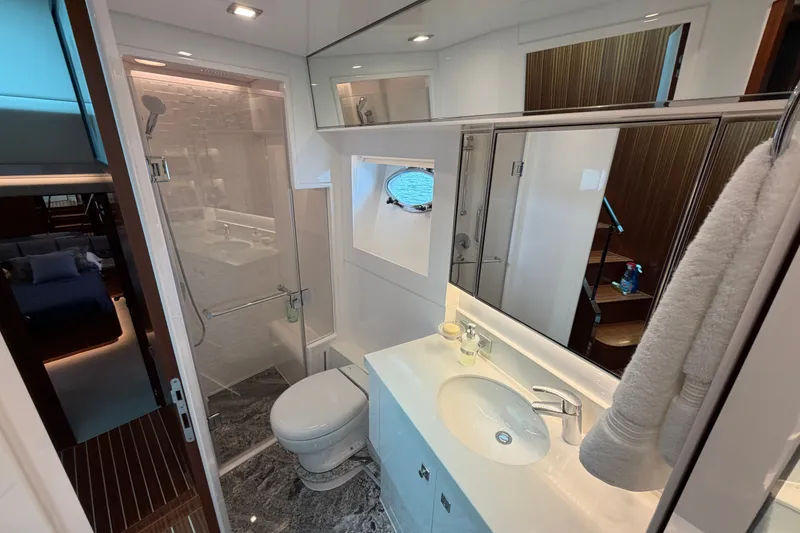 Slide: The Image of Luxurious bathroom in 2020 Horizon E56 yacht with modern fixtures and elegant design. - 65