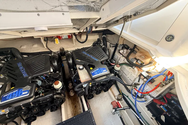 Slide: The Image of Engine compartment of a 2008 Sea Ray 340 Sundancer with twin MerCruiser 496 MAG engines. - 39