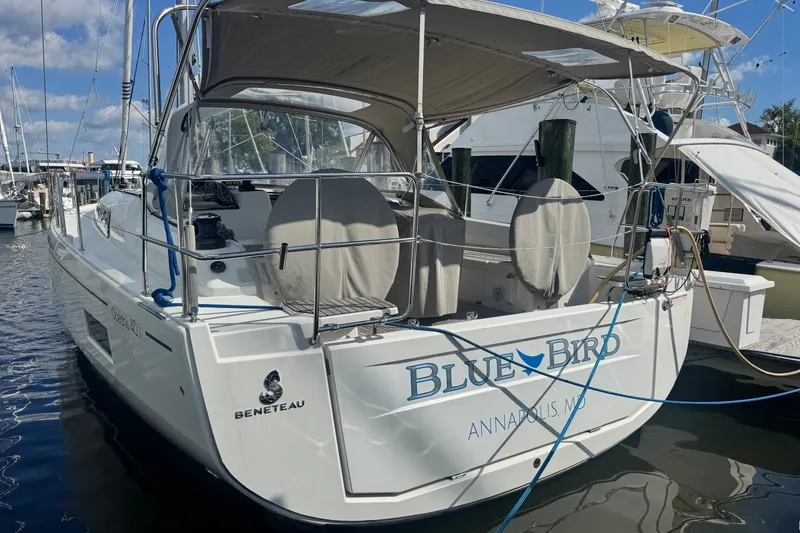 Slide: The Image of 2022 Beneteau Oceanis 40.1 sailboat named "Blue Bird" docked in Annapolis marina. - 49
