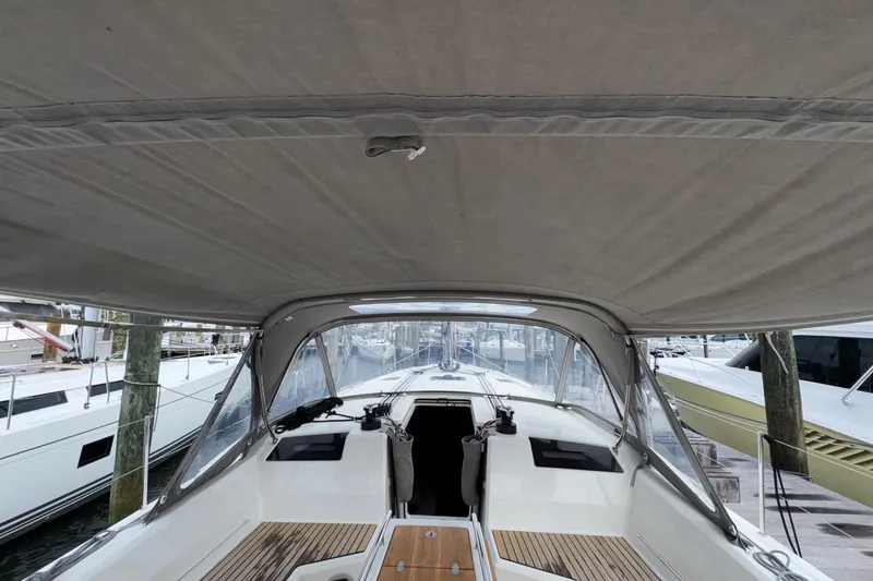 Slide: The Image of Beneteau Oceanis 40.1 sailboat cockpit view, 2022 model, docked at marina. - 20