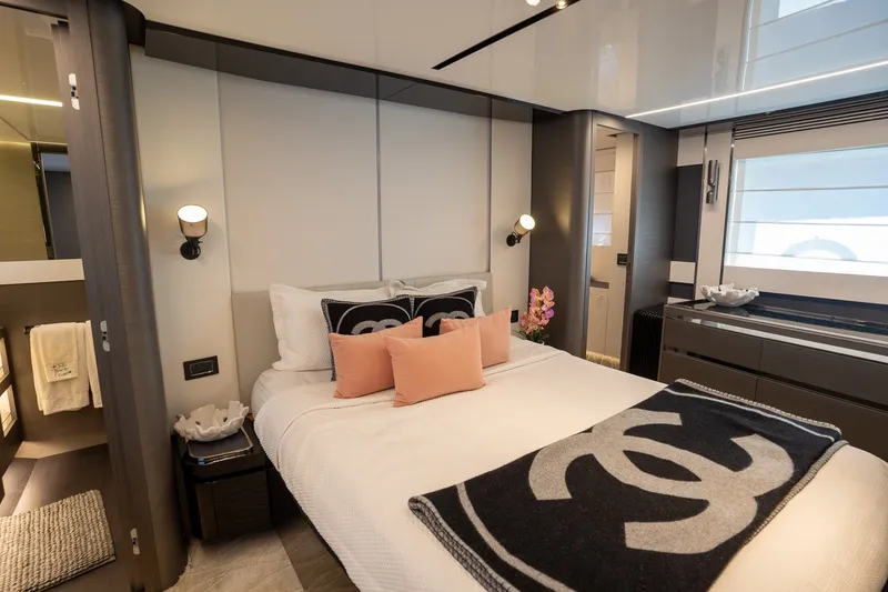 Slide: The Image of Luxurious bedroom interior of 2023 Azimut S8 yacht with modern decor and elegant furnishings. - 31