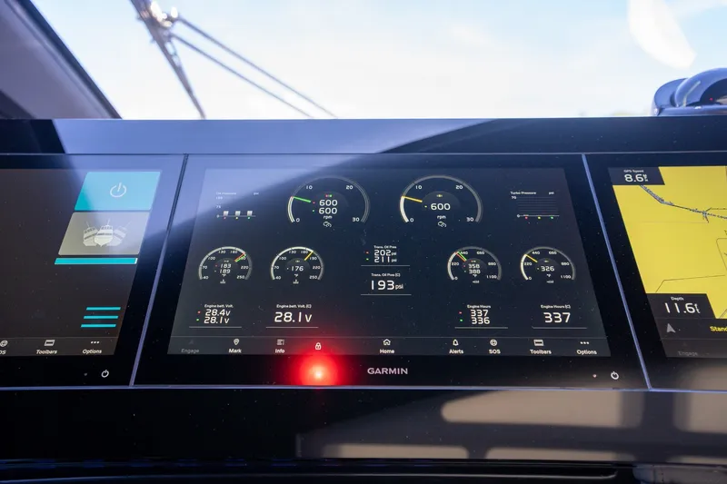 Slide: The Image of Dashboard of 2023 Azimut S8 yacht displaying engine and navigation data. - 46