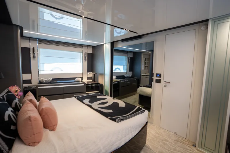 Slide: The Image of Luxurious bedroom interior of 2023 Azimut S8 yacht, featuring modern design and elegant decor. - 29