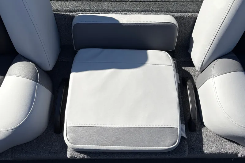 Slide: The Image of 2027 Tracker Pro Team 195 boat seat with gray and white upholstery. - 38