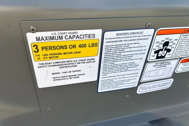 Slide: The Image of 2027 Tracker Grizzly 15 Jon boat capacity label, safety checklist, and warning signs. - 14