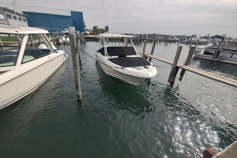 Slide: The Image of 2022 Boston Whaler 240 Vantage docked in a marina, surrounded by calm waters. - 39