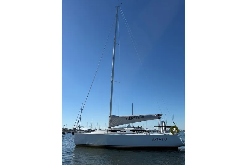 Slide: The Image of 2004 J Boats J/109 sailboat on water, clear sky background. - 4
