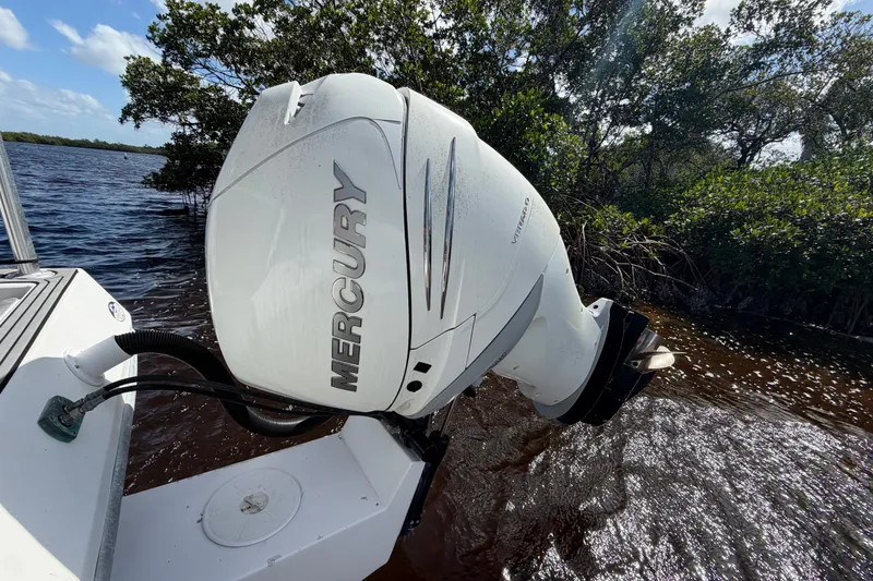 Slide: The Image of Mercury outboard motor on 1987 Bluewater Yachts Coastal Cruiser 51, near lush shoreline. - 15