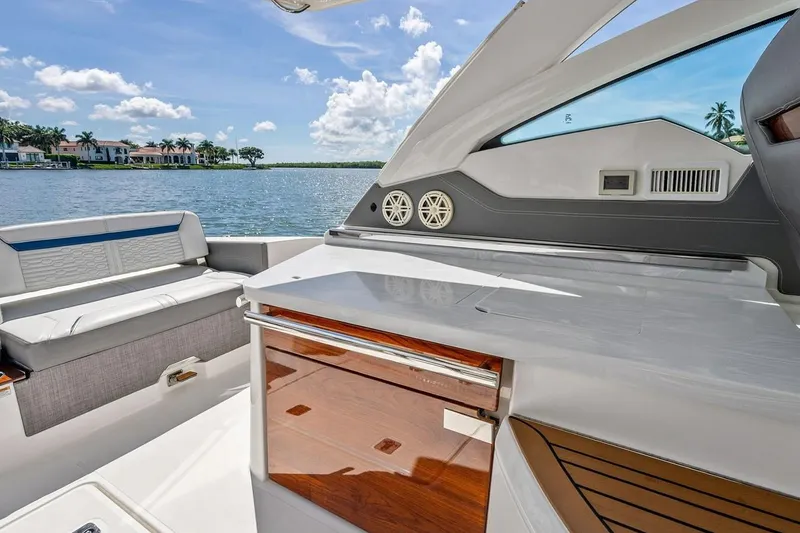 Slide: The Image of Luxurious interior of 2020 Tiara 38 LX yacht with sleek seating and modern design. - 20