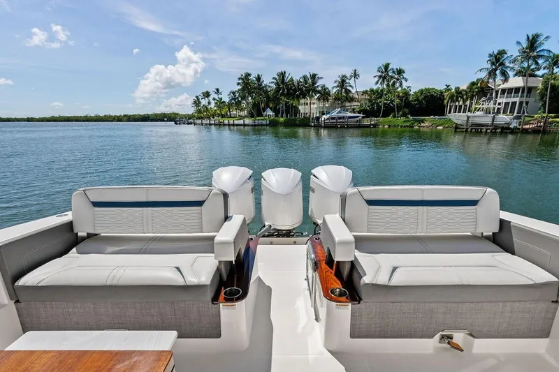 Slide: The Image of Luxury Tiara 38 LX 2020 yacht interior with scenic waterfront view. - 23
