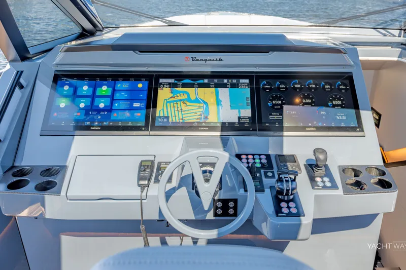 Slide: The Image of Helm of 2025 Vanquish Yachts VQ55 with advanced navigation displays and controls. - 32
