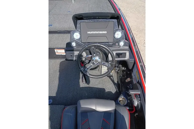 Slide: The Image of 2020 Nitro Z21 Pro boat dashboard with Humminbird electronics and steering wheel. - 8