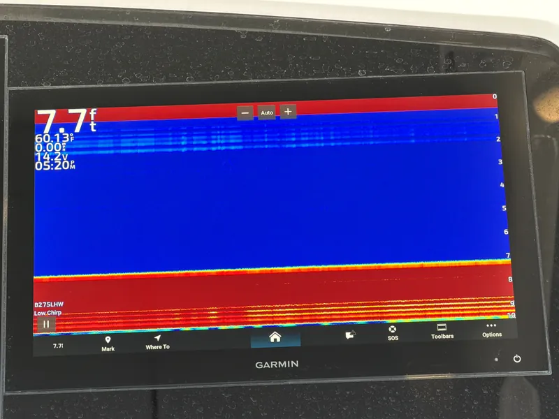 Slide: The Image of A Garmin fishfinder display shows depth and temperature data, with a depth of 7.7 feet. - 42