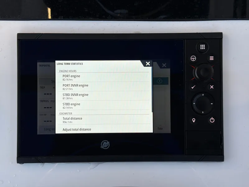 Slide: The Image of A screen displays statistics on engine hours and total distance of a boat. - 44