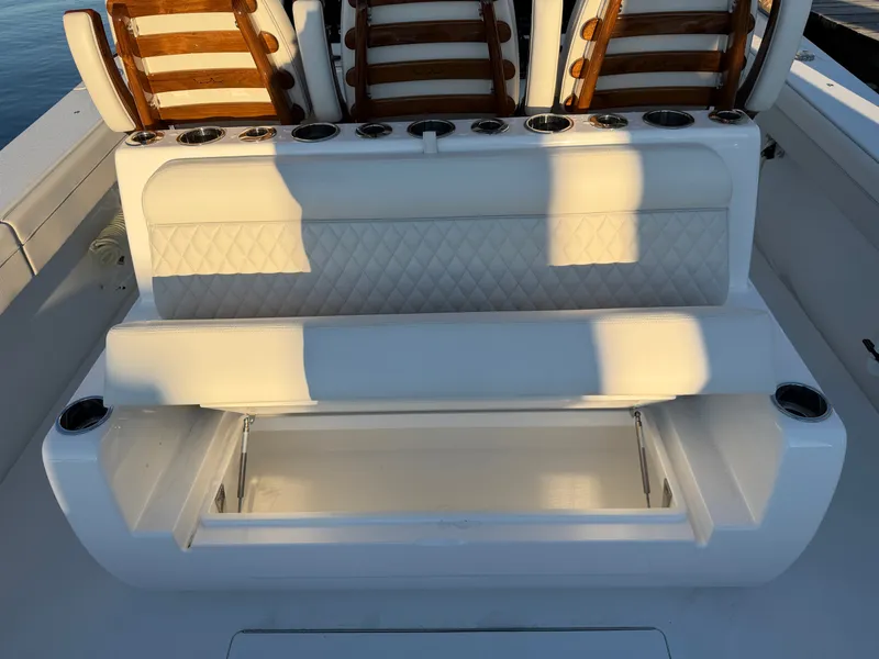 Slide: The Image of The 2026 Valhalla V-41 features a white bench seat with storage underneath. - 36