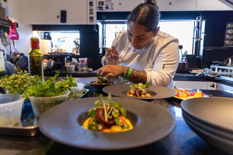 Slide: The Image of Chef meticulously plating gourmet dishes in a modern kitchen setting. - 19