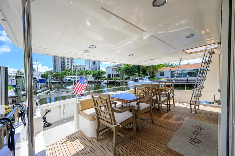 Slide: The Image of Outdoor deck of 2008 Grand Banks 72 Aleutian RP yacht with seating and American flag. - 31