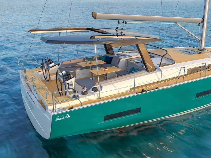 Slide: The Image of 2024 Hanse 510 sailboat with modern design on clear blue water. - 28