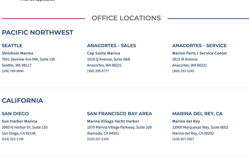 Slide: The Image of Office locations for Hanse 510, 2026: Seattle, Anacortes, San Diego, San Francisco, Marina del Rey. - 1