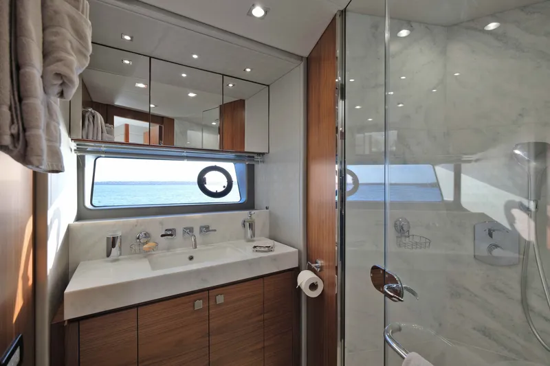 Slide: The Image of Luxurious bathroom interior of 2018 Sunseeker 76 Yacht with ocean view and modern amenities. - 63