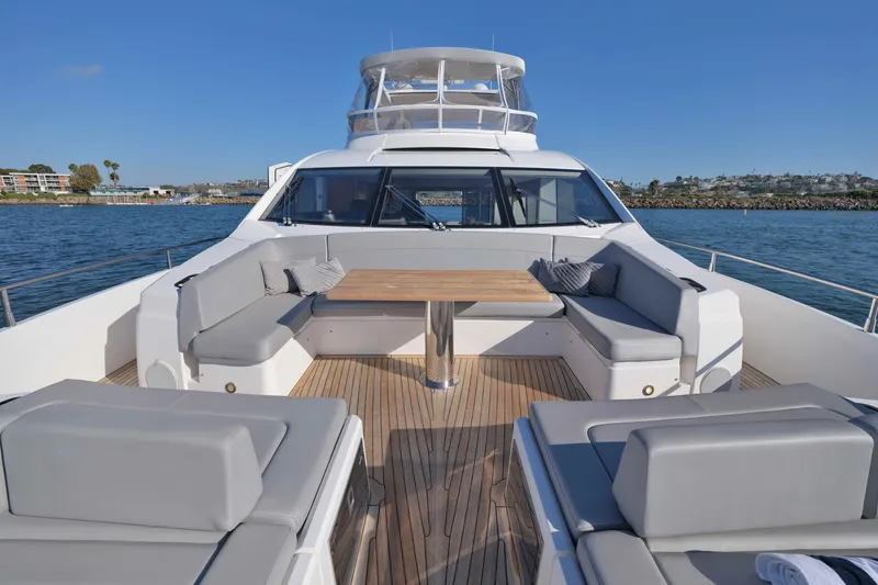 Slide: The Image of Luxurious 2018 Sunseeker 76 Yacht with spacious deck seating and scenic ocean view. - 35