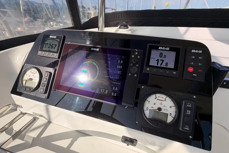 Slide: The Image of Control panel of a 2020 Lagoon 42 catamaran with B&G navigation displays. - 37