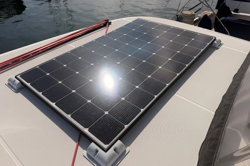 Slide: The Image of Solar panel on 2020 Lagoon 42 catamaran, reflecting sunlight on deck. - 122