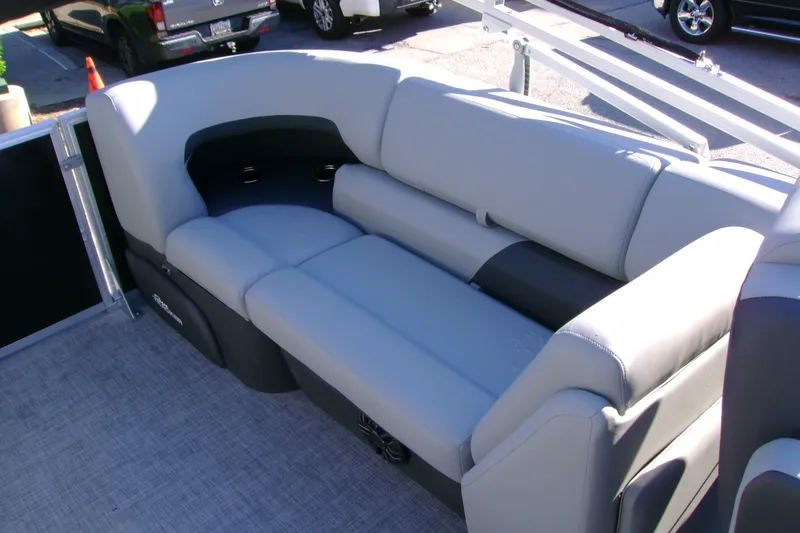 Slide: The Image of 2027 Sun Tracker Party Barge 22 XP3 with comfortable gray seating. - 16