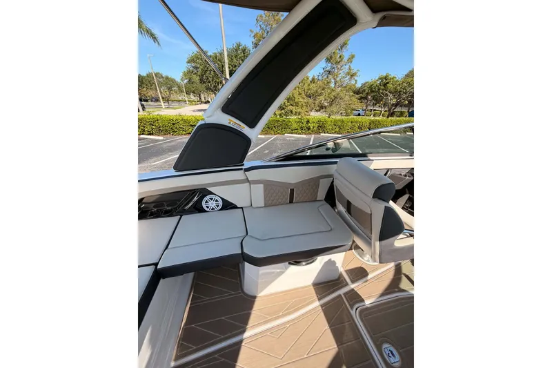 Slide: The Image of 2024 MONTERY 278ss boat interior with sleek seating and modern design. - 15