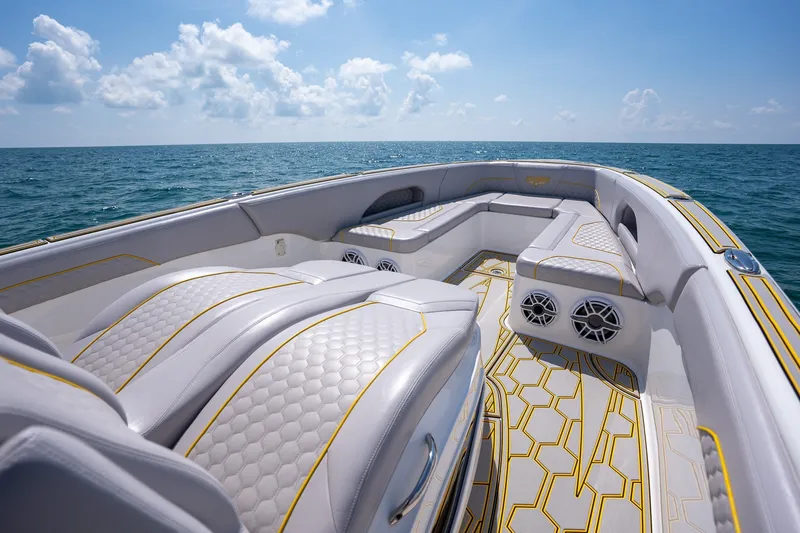 Slide: The Image of Luxurious interior of 2025 Deep Impact 369 Sport boat on open sea. - 23