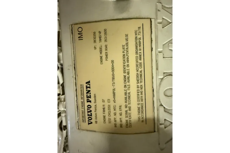 Slide: The Image of Volvo Penta engine information plate on 2001 Carver 506 Motor Yacht. - 38